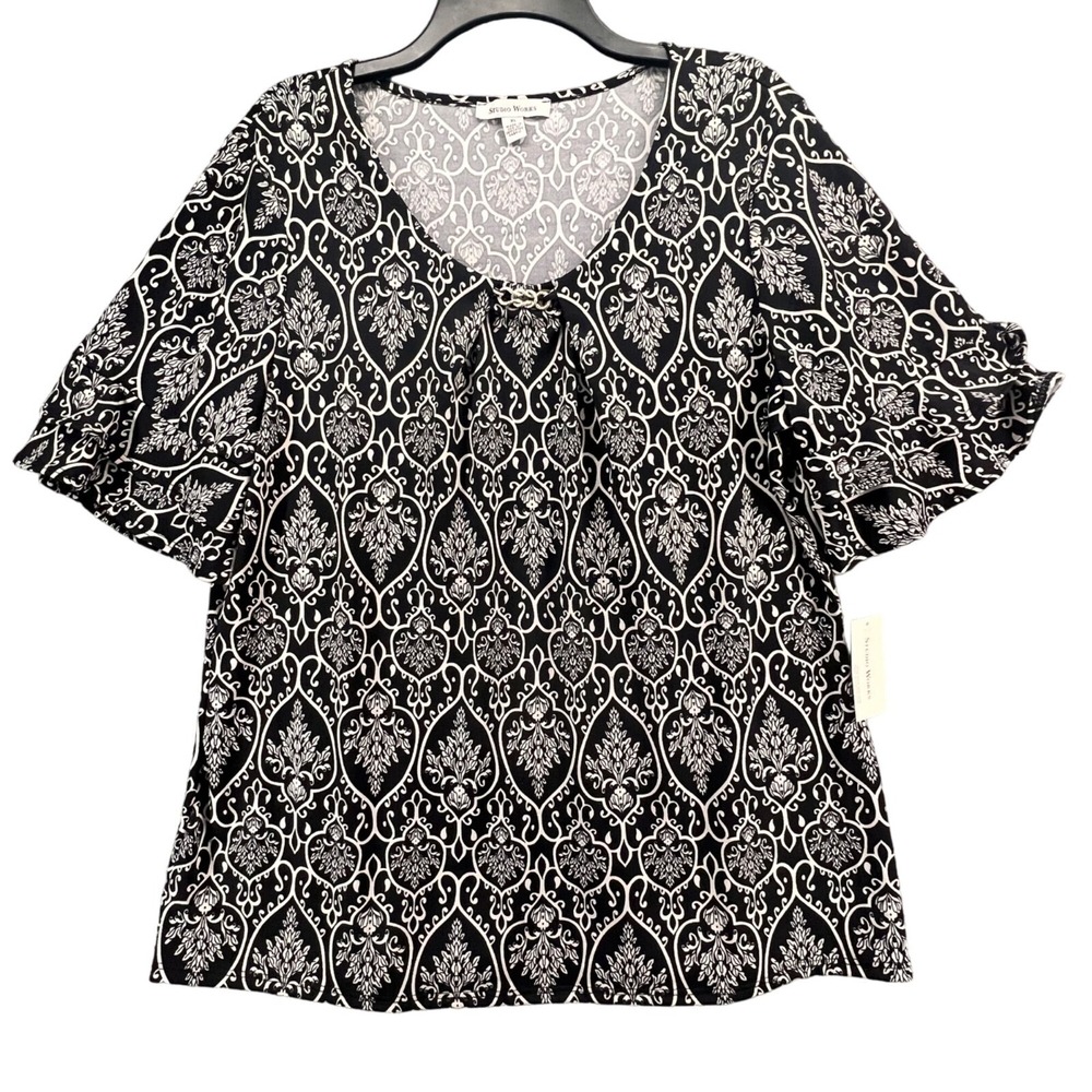 Studio Works Blouse Womens Size XL Navy White Damask Ruffle Sleeves Top Stretch
